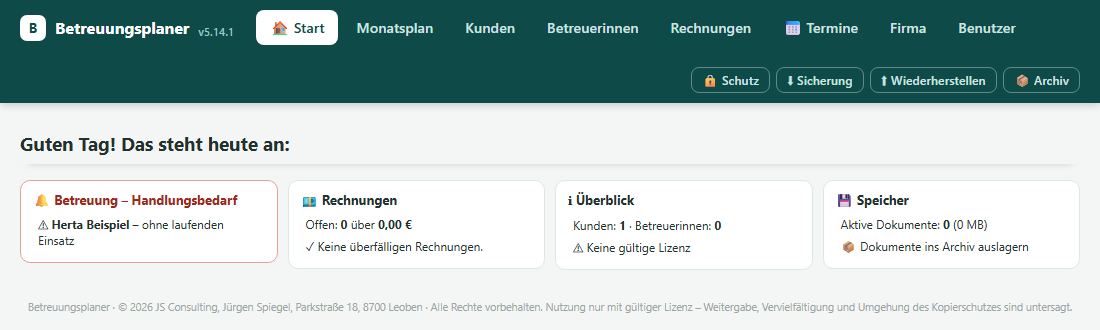 Dashboard des Betreuungsplaners mit Handlungsbedarf-Übersicht, Rechnungen, Kunden- und Betreuerinnen-Zahl sowie Speicherstand